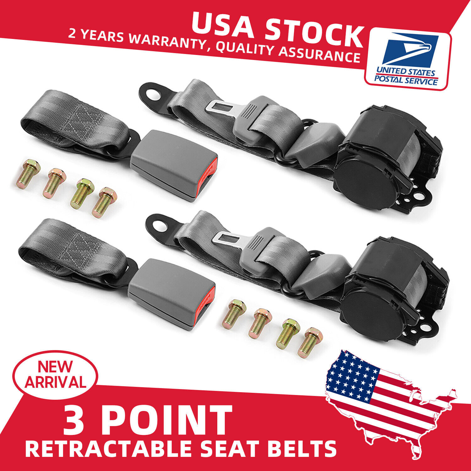 2 Universal 3 Point Retractable Gray Seat Belts For Suzuki XL-7 2005-2008