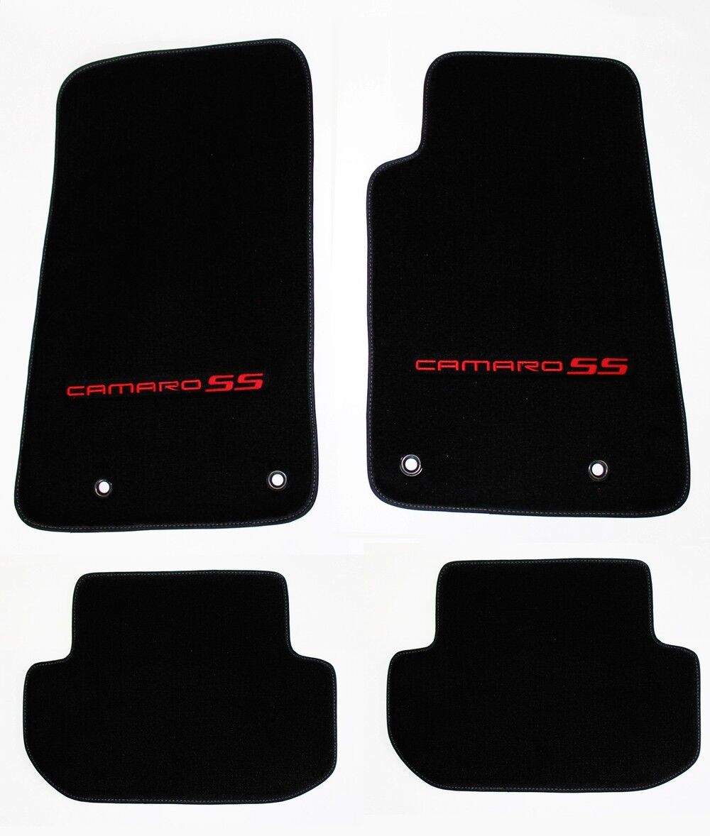 NEW BLACK Floor Mats 2010 - 2015 Camaro Embroidered Logo and SS in Red 4 pc SET