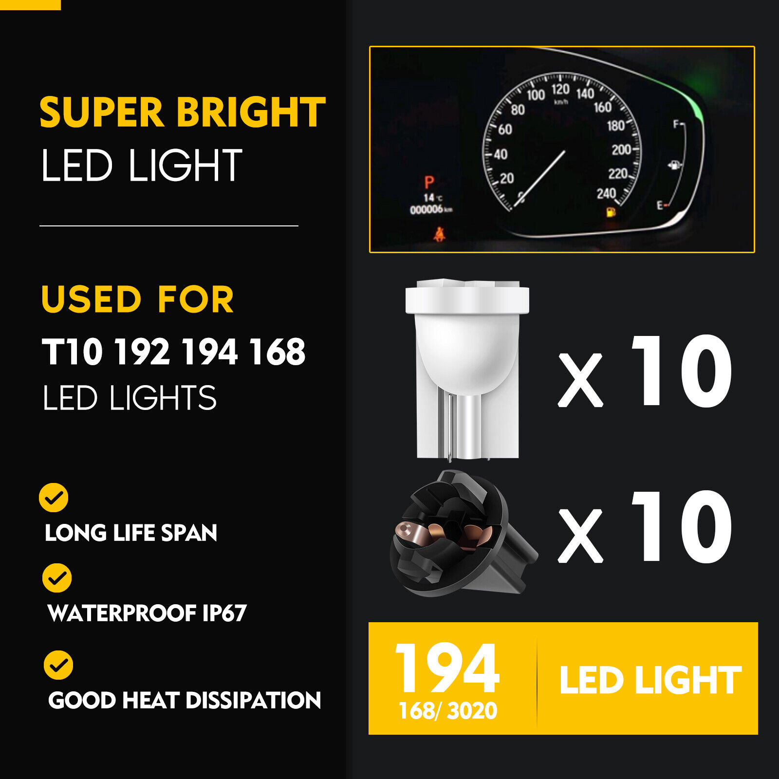 10x 13mm Socket  T10 194 White LED Instrument Dash Cluster Light Bulb For Chevy