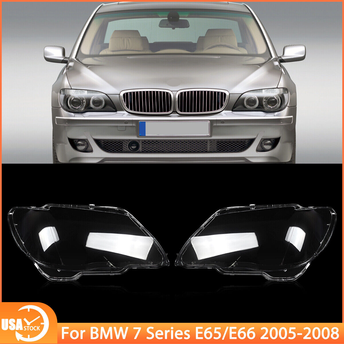For BMW 7-Series E65 E66 750i 750Li 2005-2008 A Pair Clear Headlight Lens Cover