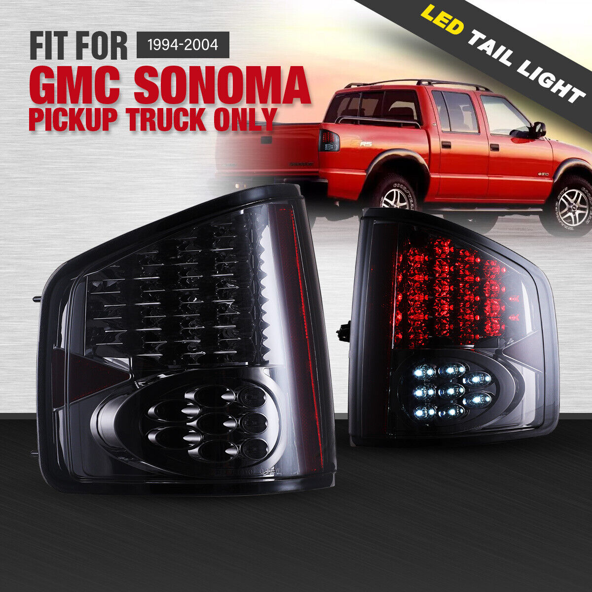 For 94-04 Chevy S-10 Pickup GMC Sonoma Tail Lights LED Rear Lamp Chrome Smoke