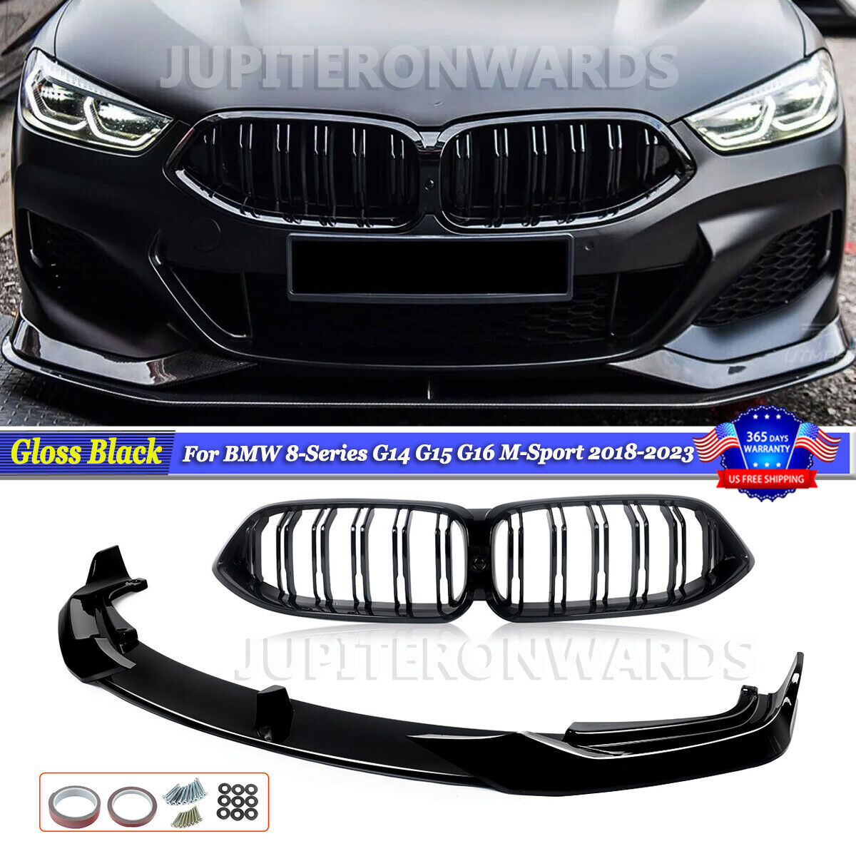 Stain Black Front Lip Splitter+Grilles For BMW G14 G15 G16 840i M850i 2018-2023
