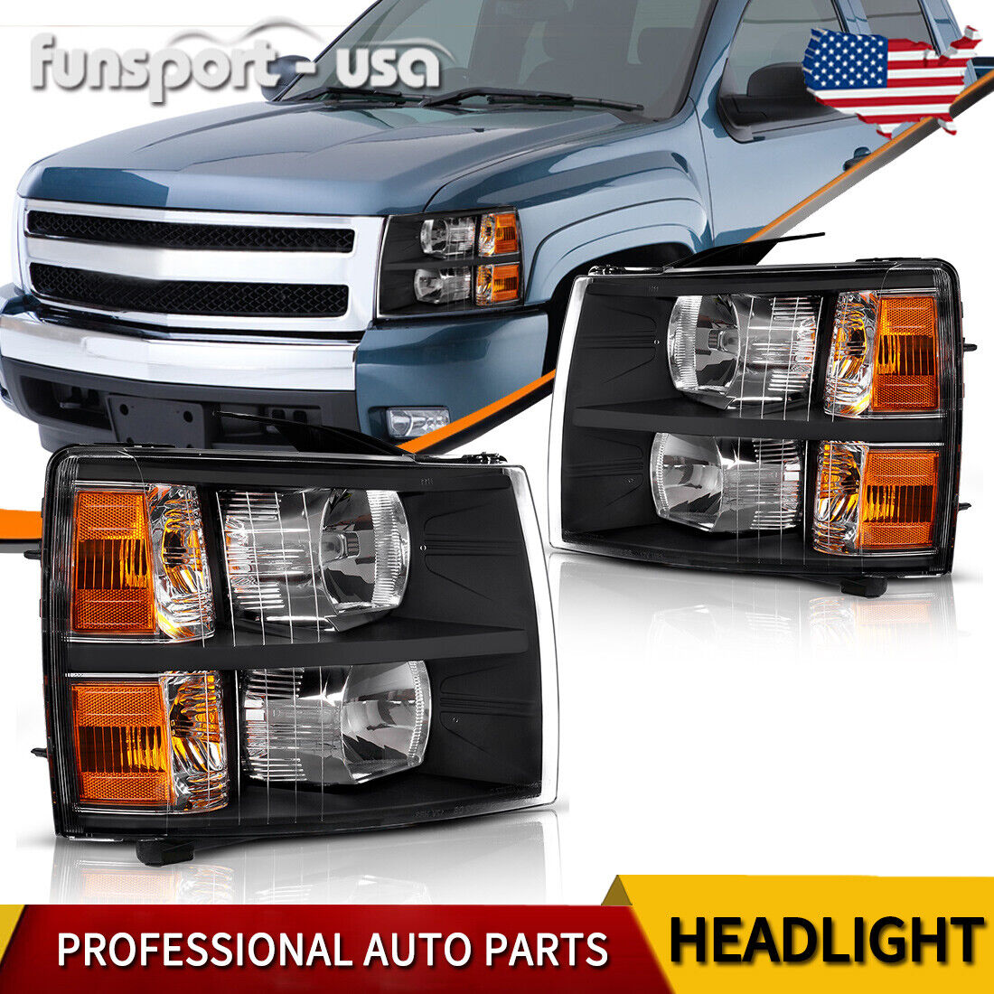 Headlights For 2007-2014 Chevy Silverado 1500 2500HD Replacement Lamp Left+Right