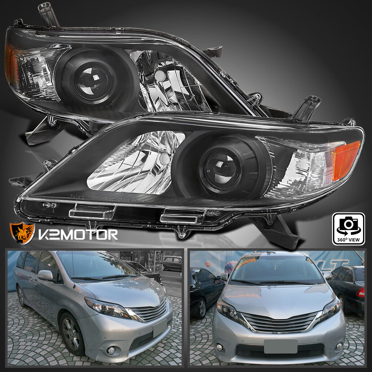 Black Fits 2011-2020 Toyota Sienna Halogen Projector Headlights Lamps Left+Right