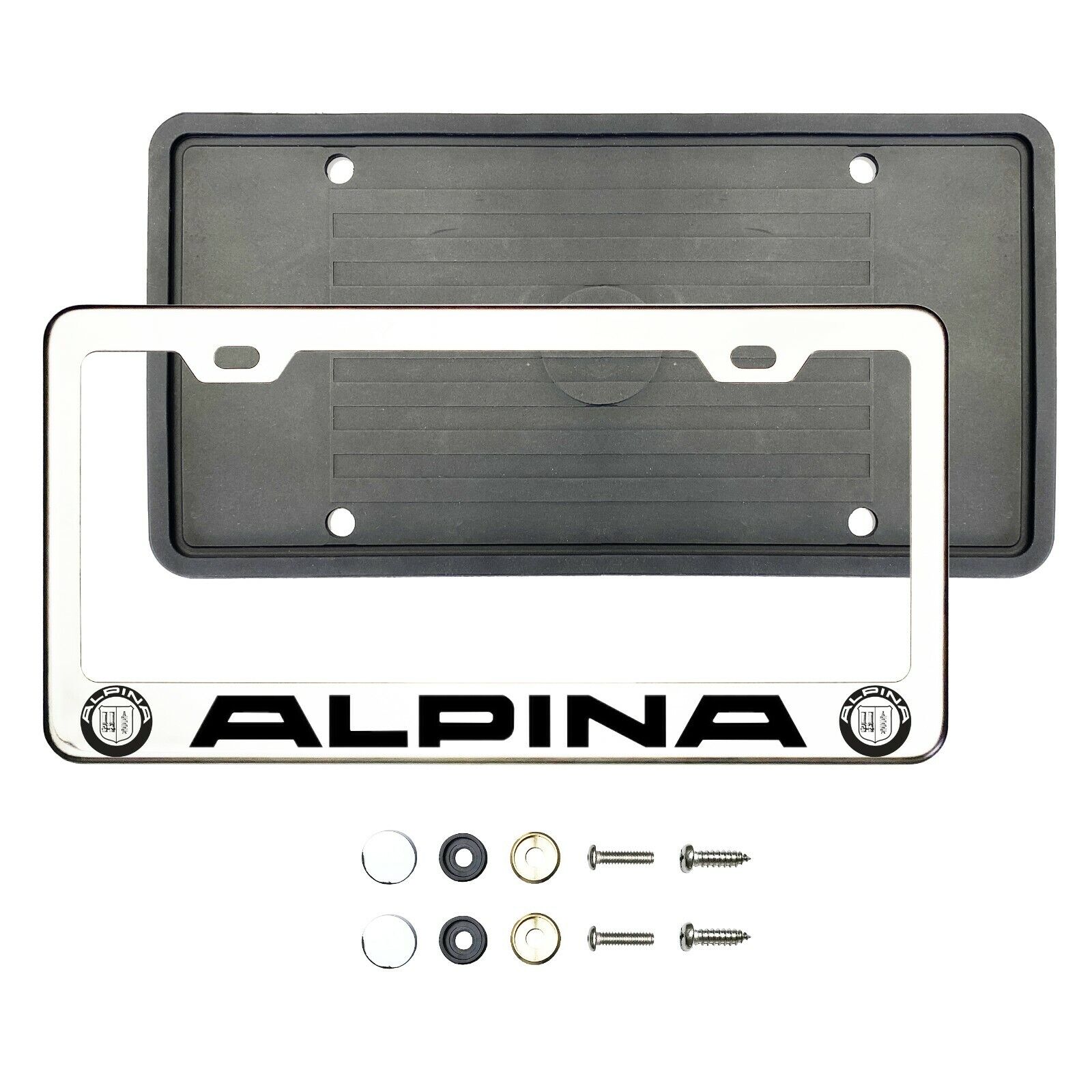 Alpina Black Laser Etched Chrome Stainless Steel License Frame Silicone Guard