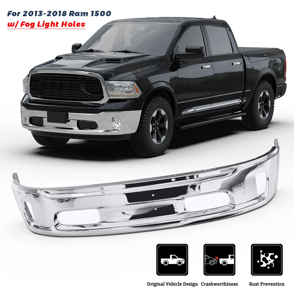 Front Chrome Steel Bumper For 2013-2018 Ram 1500 w/ Fog Light Holes 68160853AB