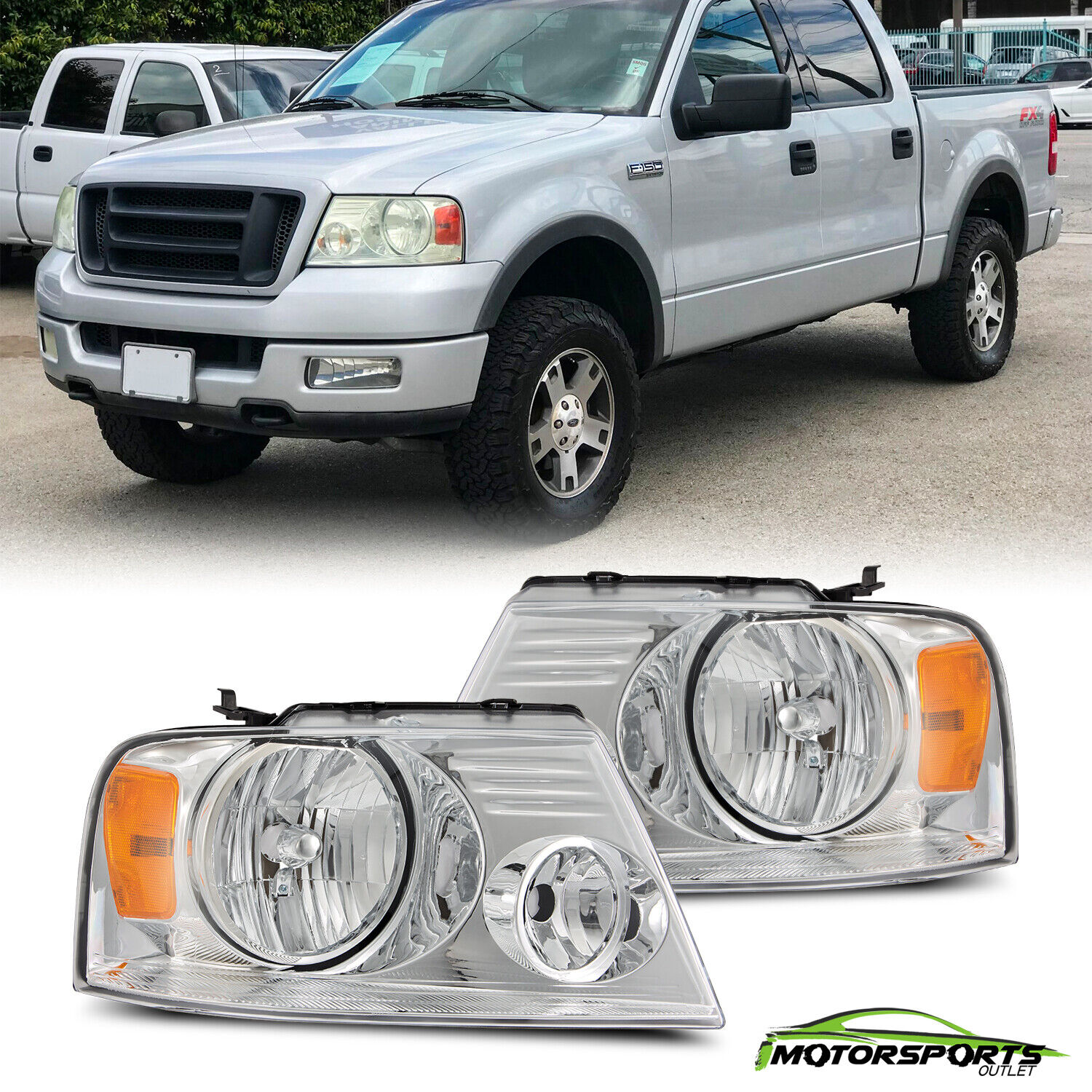 Fit 2004-2008 Ford F150/ 06-08 Lincoln Mark LT Chrome Headlights Pair Head Lamps