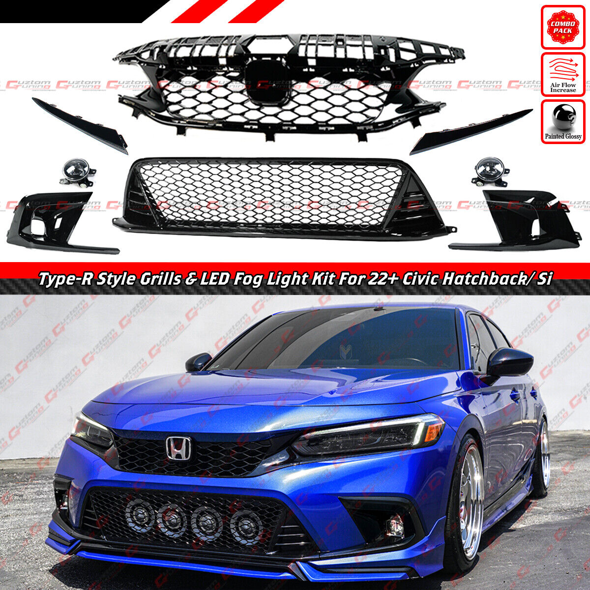 FOR 2022-24 CIVIC Si HATCHBACK GLOSS TYPE-R STYLE UPPER LOWER GRILL + FOG LIGHT
