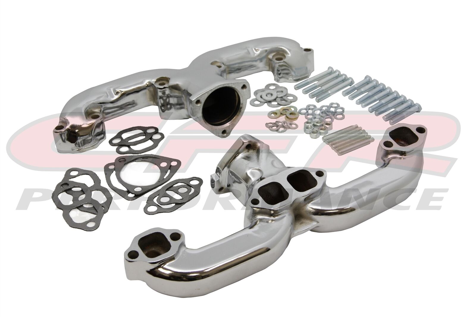 Blemish Cast Iron 1955-up Chevy SmallBlock Rams Horn Exhaust Manifolds - CHROME 