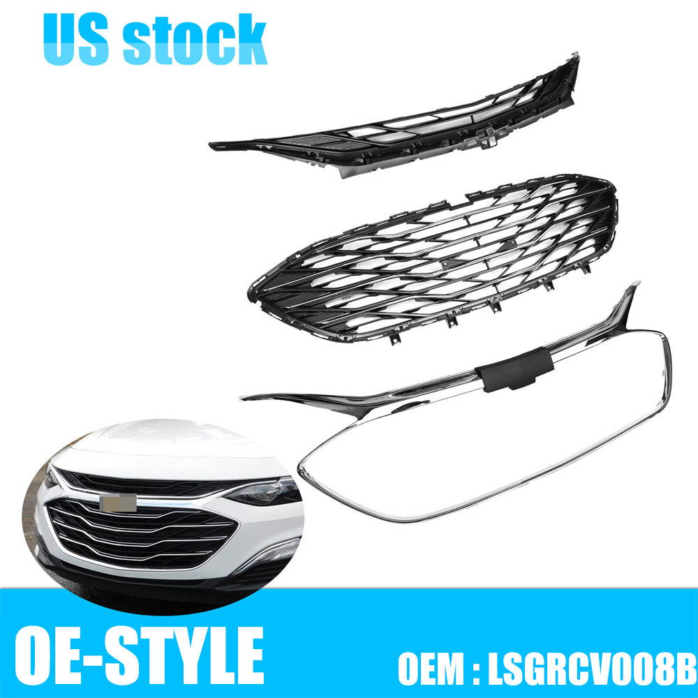 For Chevrolet Malibu 2019-2023 Front Bumper Upper Lower Grill Grille Chrome 3PCS