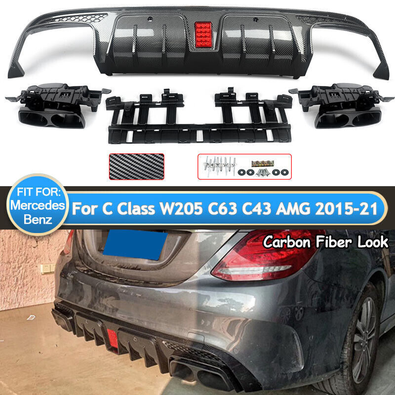 B STYLE LED BUMPER DIFFUSER + Carbon EXHAUST TIPS Fits 15~21 BENZ W205 C63 C43