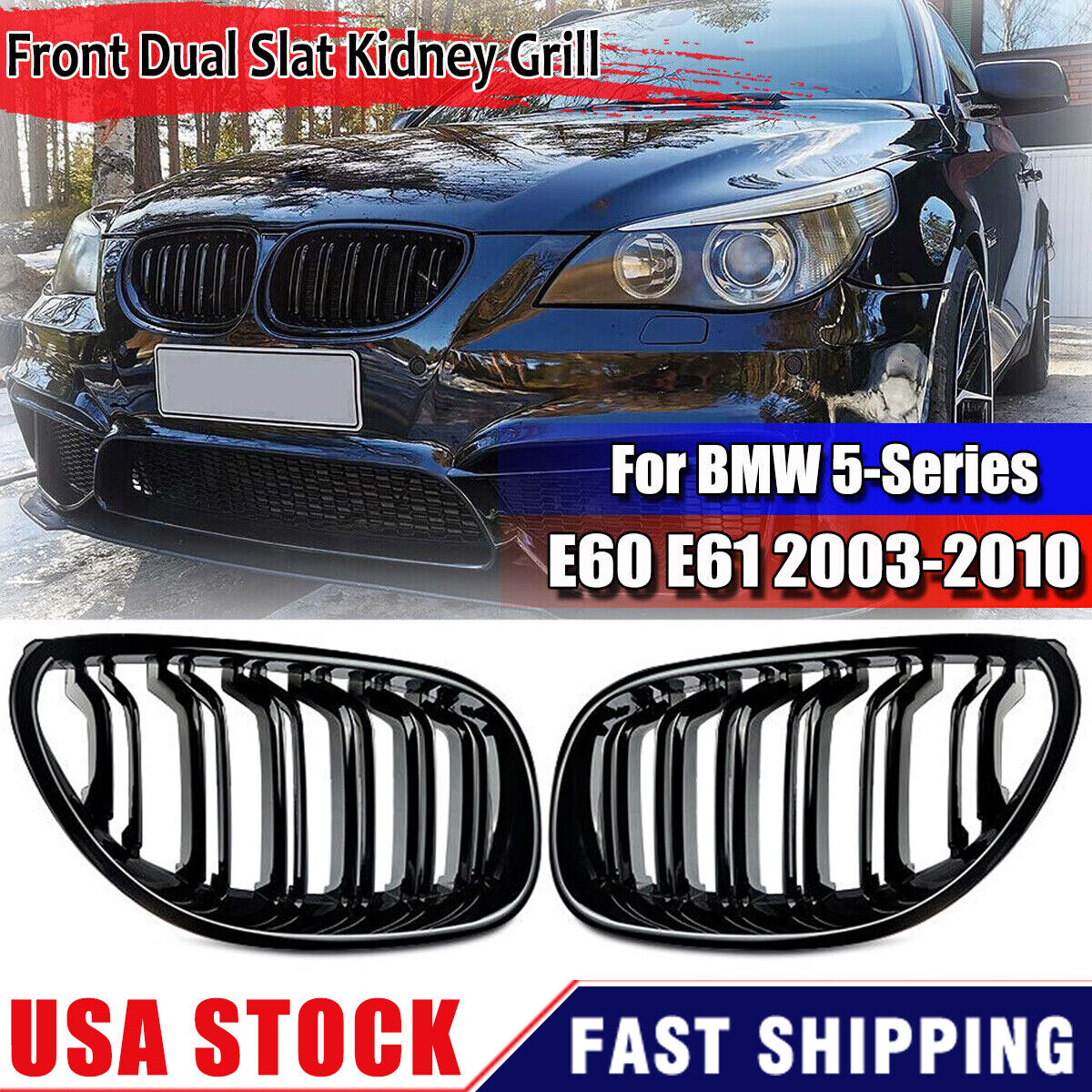 Front Kidney Grill Glossy Black for 2003-2010 BMW E60 E61 525i 535i 550i M5 4DR
