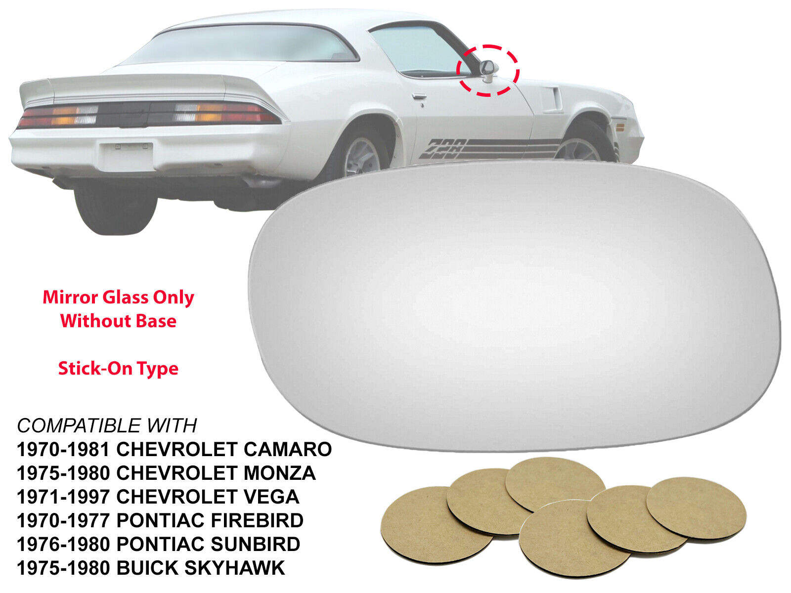 For 1970 - 1981 Camaro Sunbird Mirror Glass W/Adhesive Pads Passenger Right Side