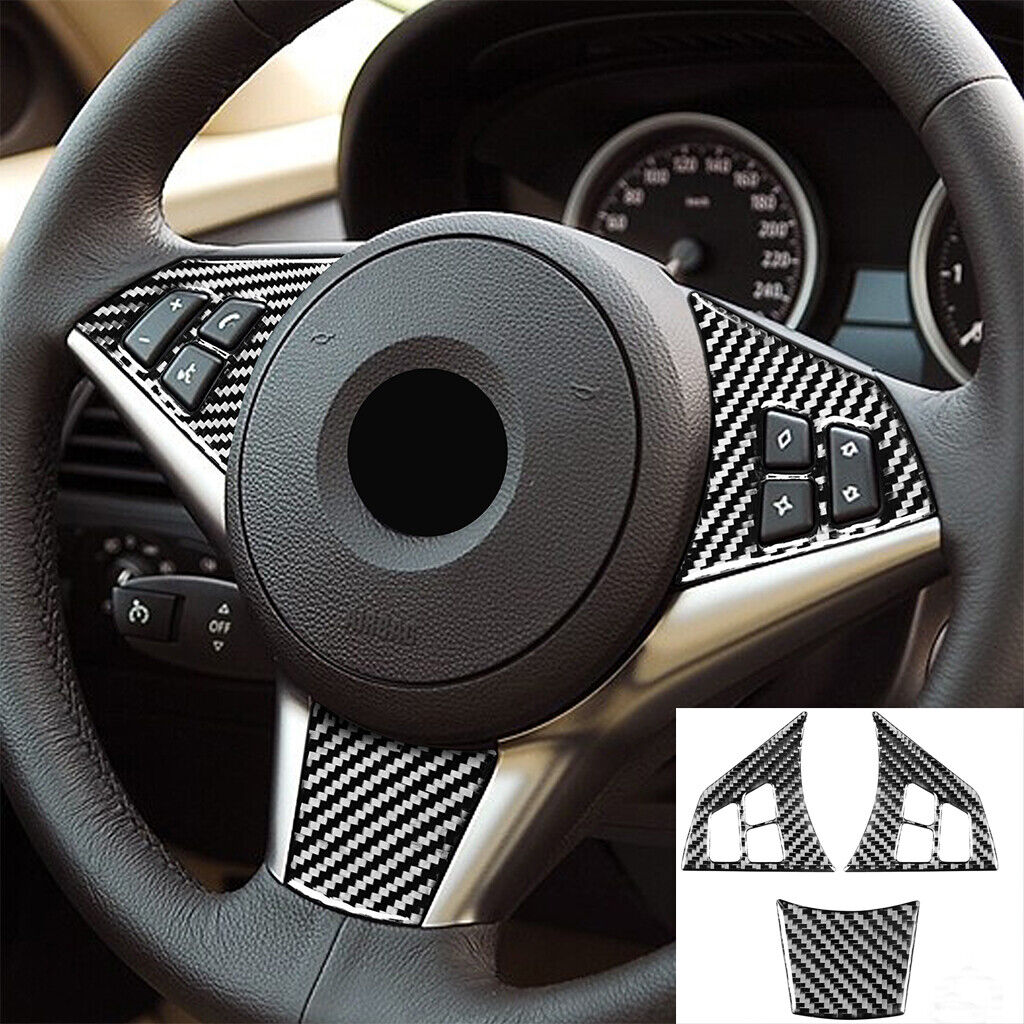 3xCarbon Fiber Steering Wheel Interior Cover Trim Set For BMW 650i 645Ci 2004-10