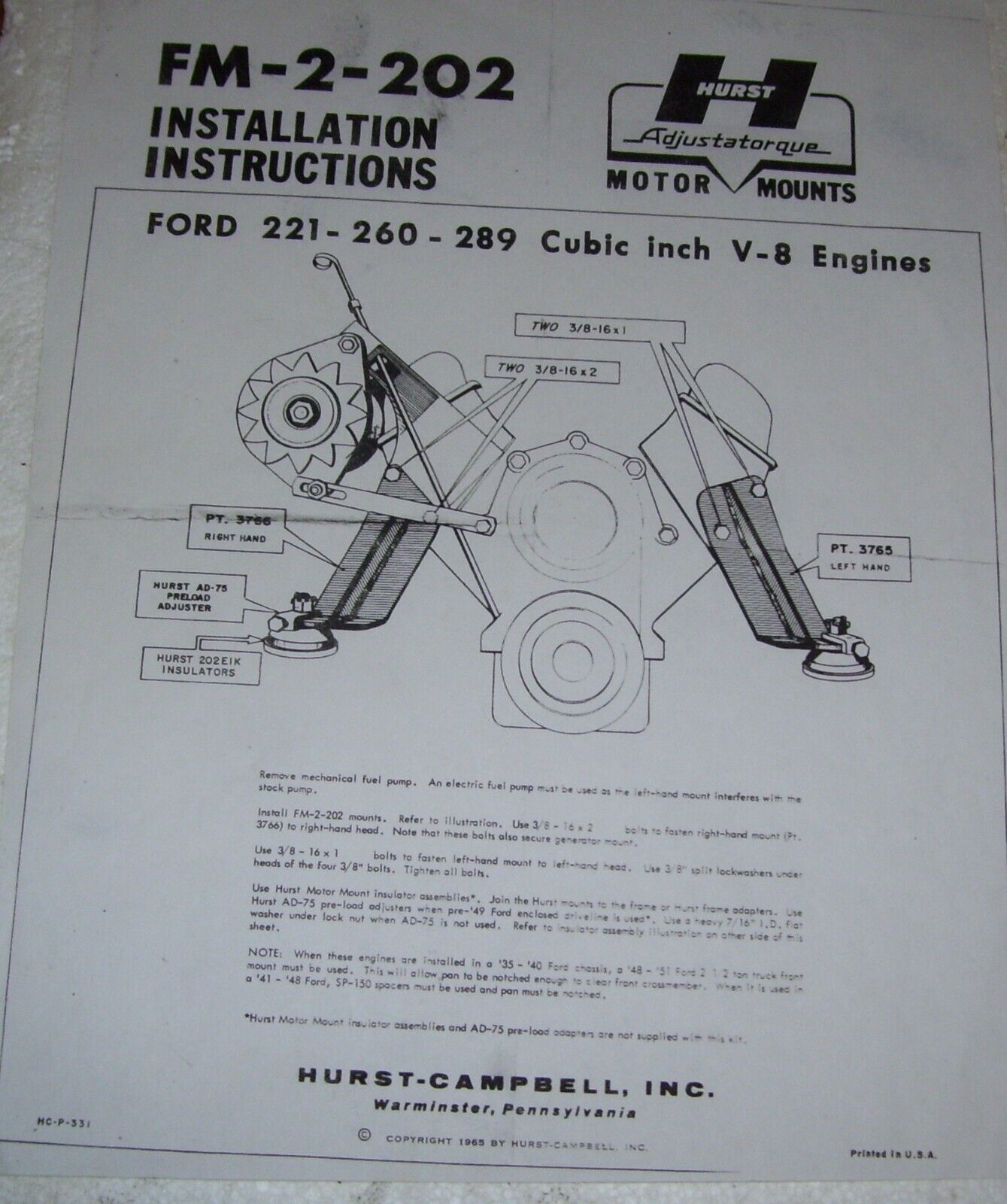 HURST INSTRUCTIONS TO PUT FORD-  221 260 289   MOTORS IN OTHER CHASSIS