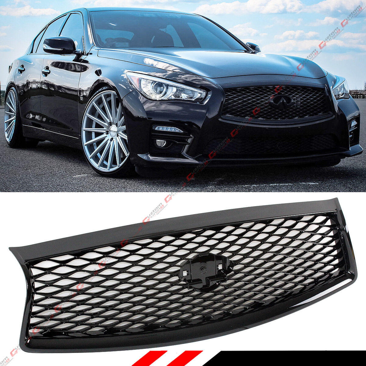 FOR 2014-2017 INFINITI Q50 Q50S GLOSS BLACK OUT FRONT HOOD GRILLE REPLACEMENT