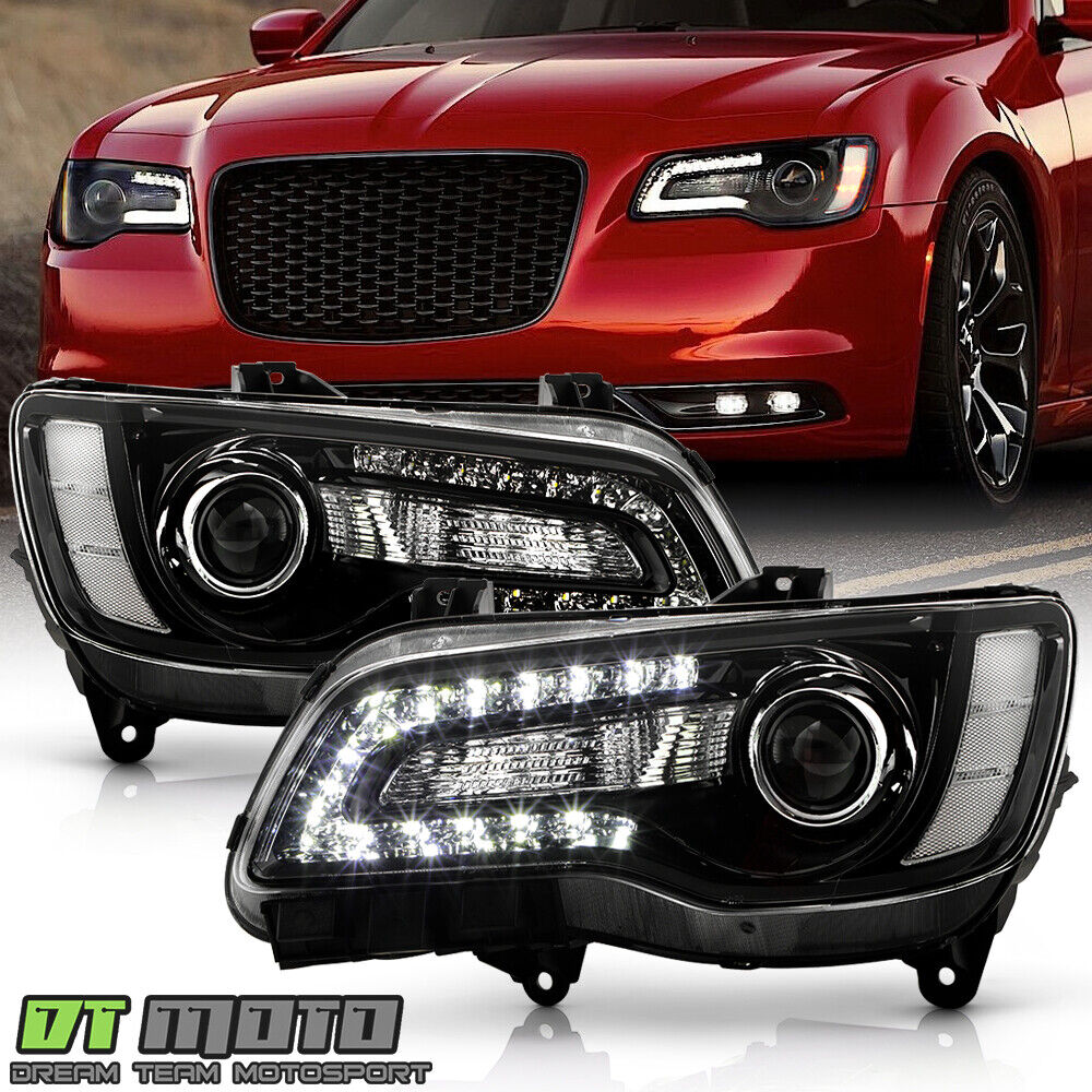 For 2015-2023 Chrysler 300 Halogen Black LED DRL Projector Headlights Headlamps