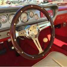 15'' 380mm Dark Steering Wheel Chrome 3 Spoke Real Wood Riveted Grip 6 Hole Horn picture