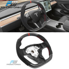 Fits 17-23 Tesla Model 3 Y Steering Wheel CF + Alcantara Red Stitching W/ Stripe picture
